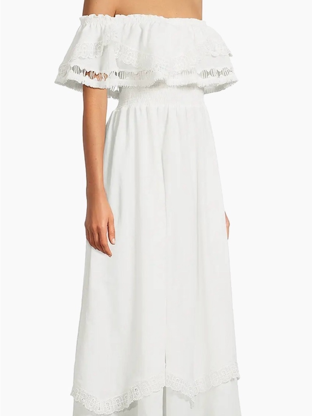 Peixoto White Off-Shoulder Lace-Trim Midi Dress
